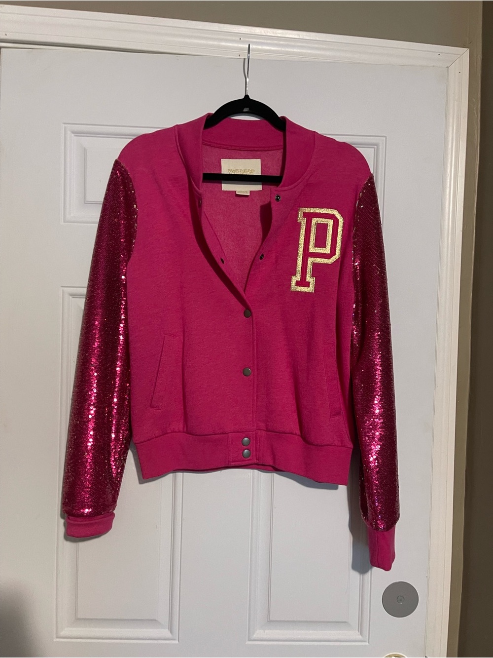 PINK Victoria's Secret Fuchsia Varsity Jacket with Sequin Sleeves
